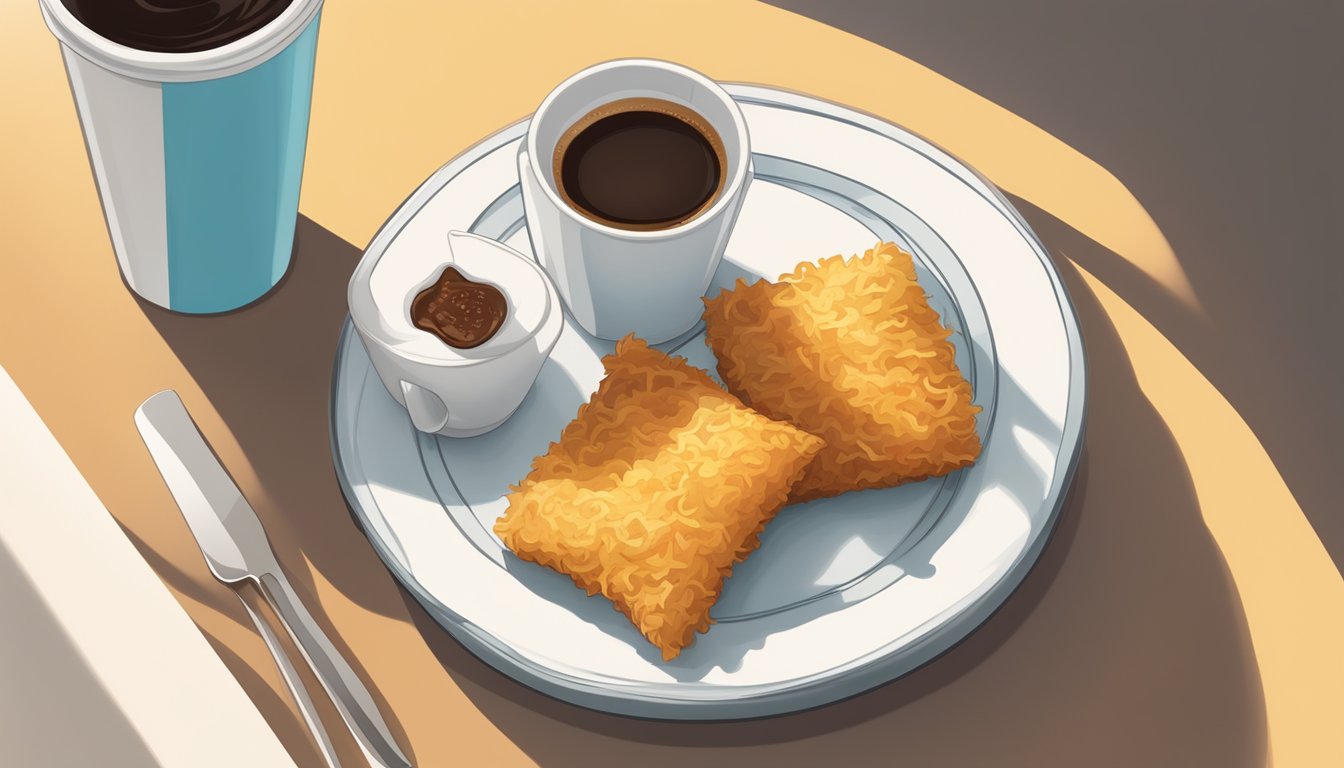 A sunny morning scene with a to-go bag, coffee cup, and a perfectly crispy and golden hash brown on a plate