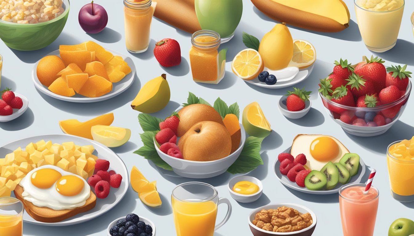 A colorful spread of various fruits and breakfast items arranged in a visually appealing manner, with a spotlight on Chick-fil-A's signature breakfast options