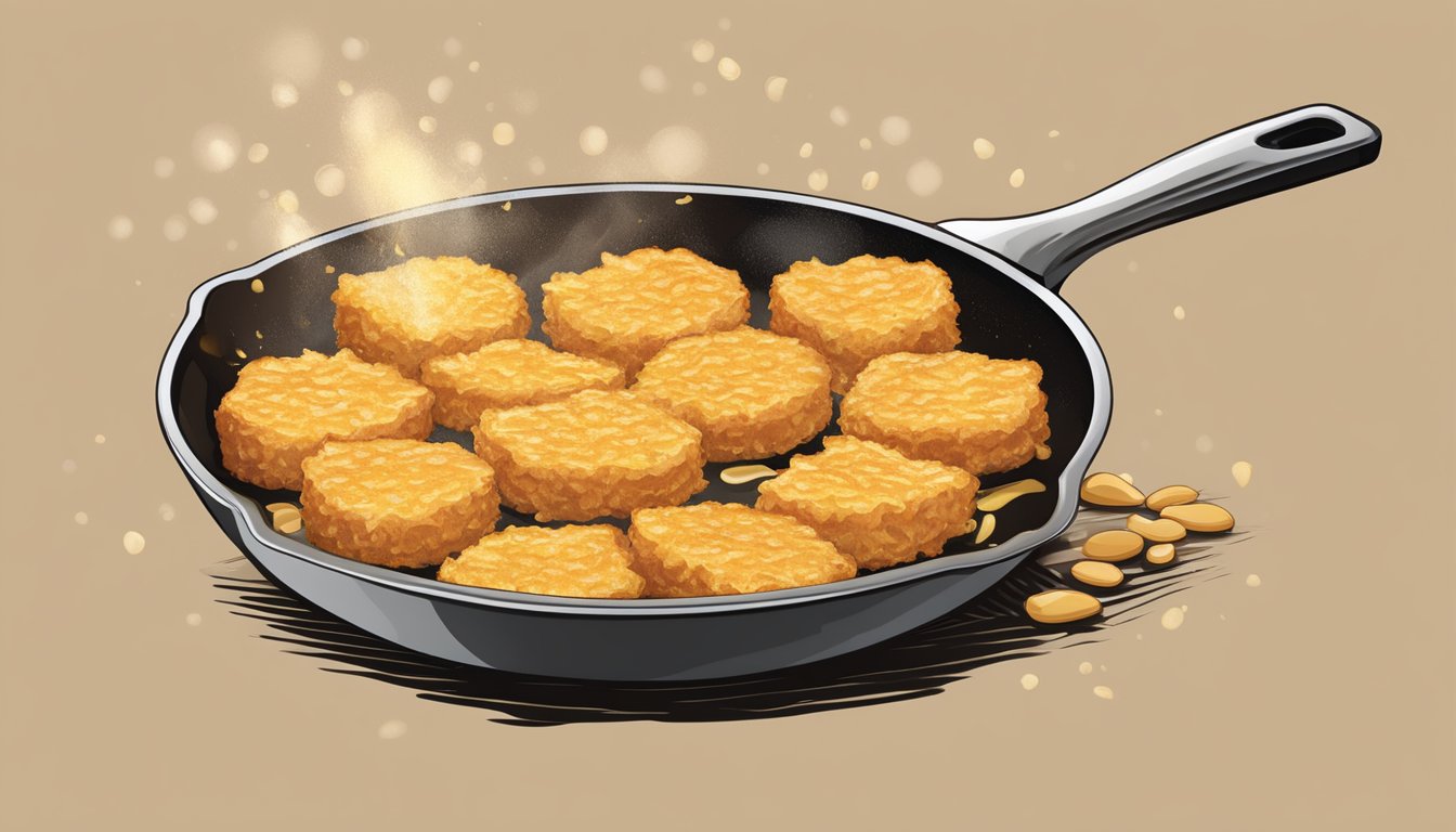 Golden hash browns sizzling in a skillet of peanut oil, emitting a savory aroma. A spatula flips them to reveal a crispy, golden-brown exterior