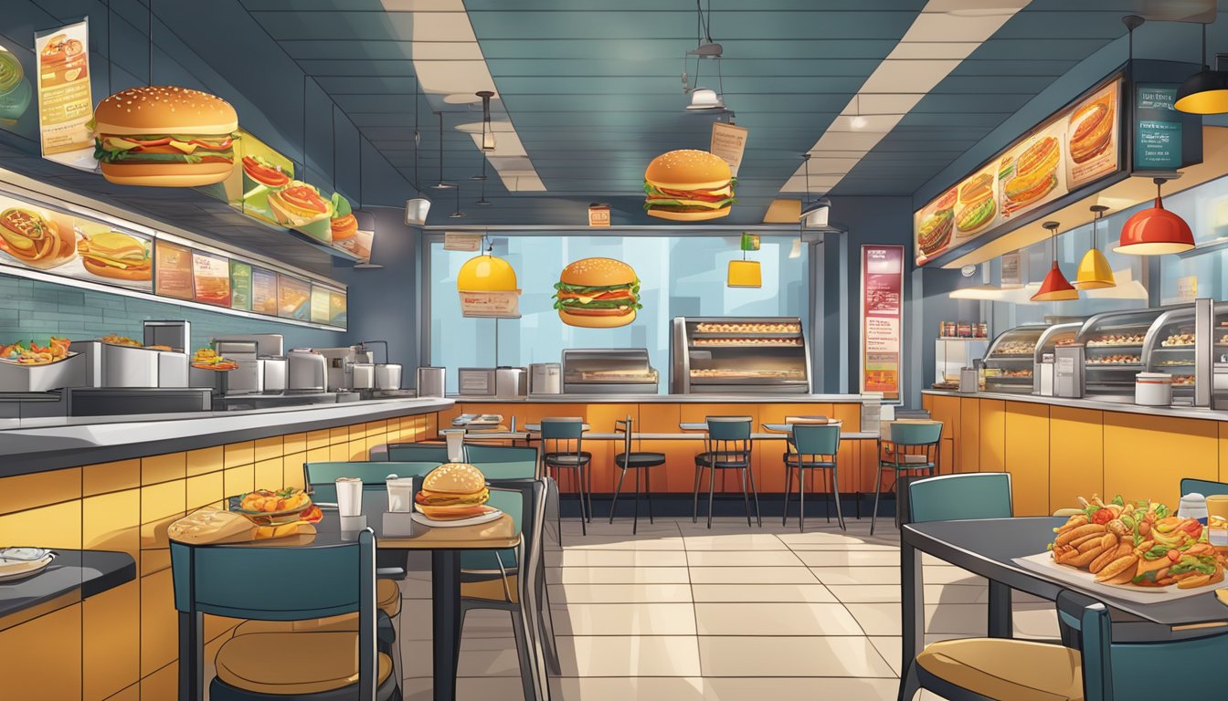 A bustling fast food restaurant with a prominent breakfast menu display, surrounded by competing chains with similar promotions