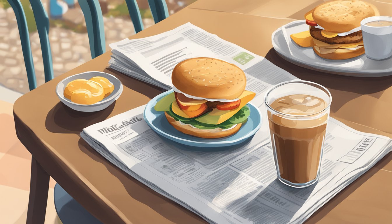 A table with a tray holding a glass of iced coffee, a Chick-fil-A breakfast sandwich, and a side of fruit. A morning newspaper lies nearby