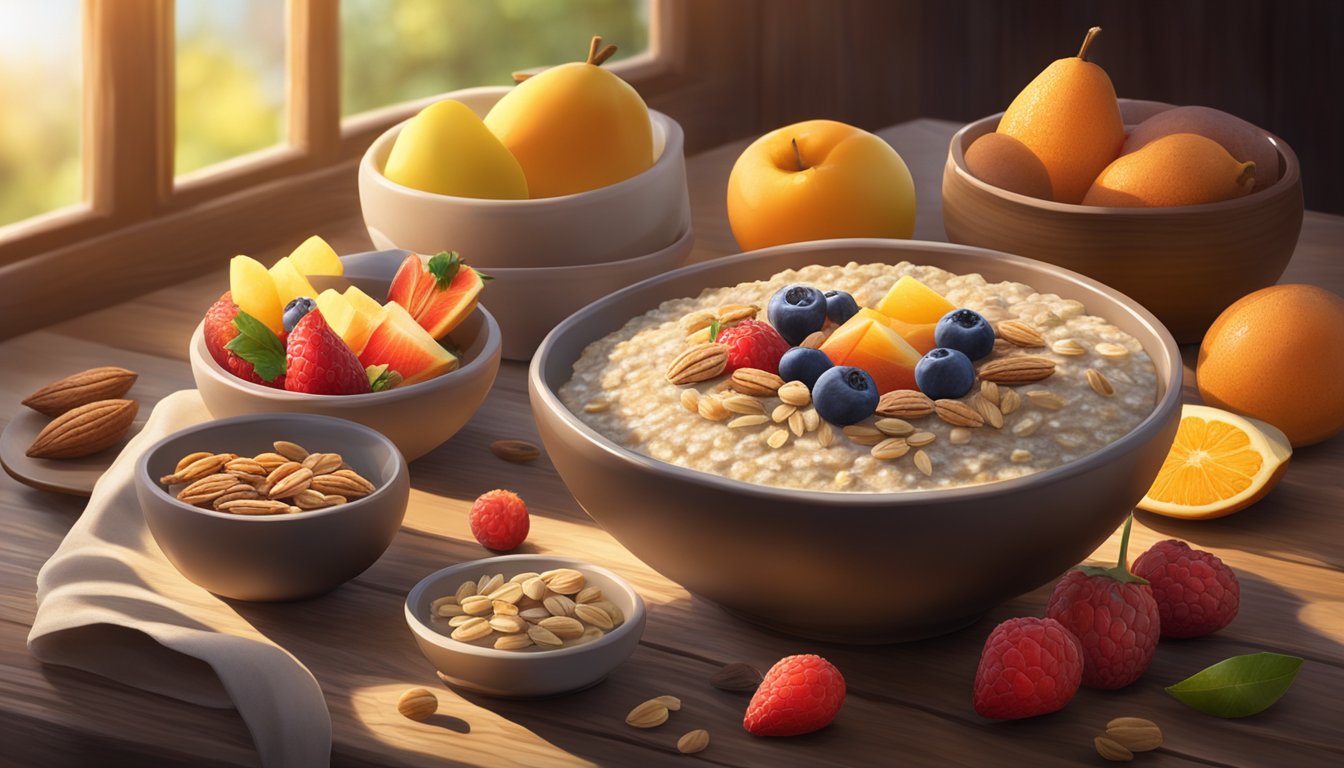 A steaming bowl of multigrain oatmeal surrounded by a variety of fresh fruits and nuts, set on a rustic wooden table. Sunlight filters in through a nearby window, casting a warm glow over the wholesome breakfast spread