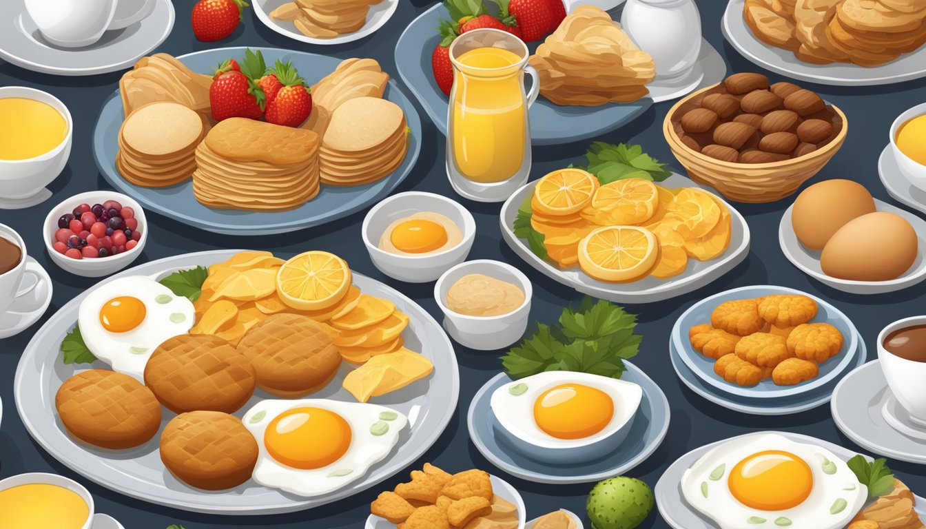 A table set with a variety of breakfast items, including biscuits, chicken, eggs, and fruit, arranged in an inviting and appetizing display