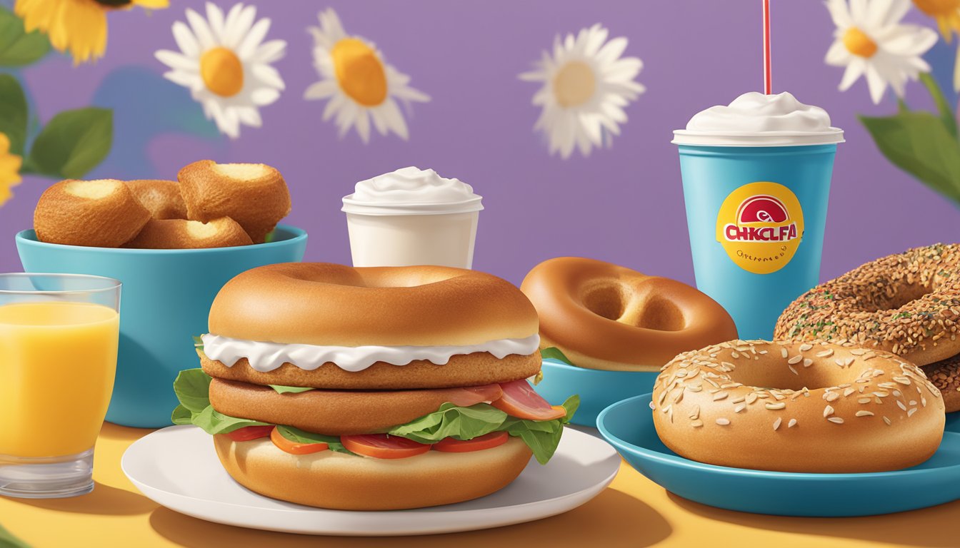 A colorful array of sunflower multigrain bagels and various breakfast items displayed on a vibrant backdrop, showcasing the diversity of Chick-fil-A's breakfast menu