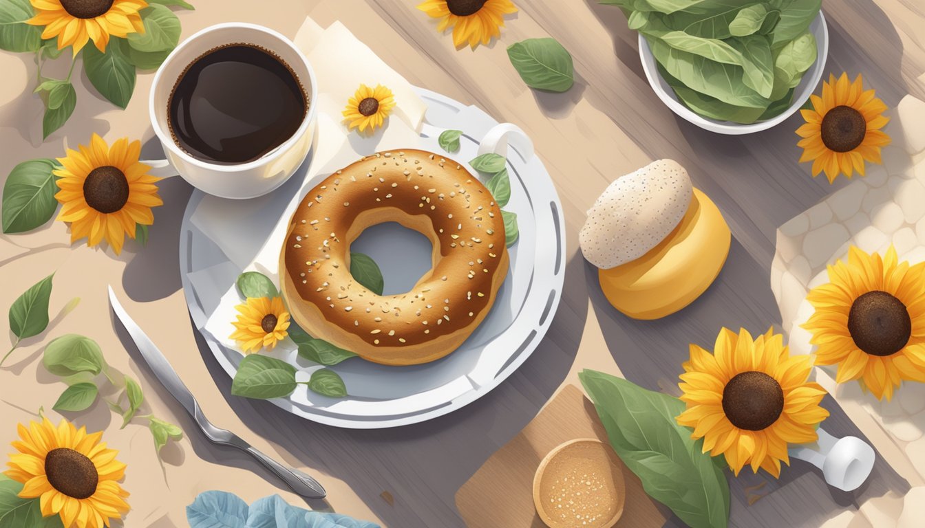 A sunny morning with a sunflower multigrain bagel surrounded by fresh ingredients and a warm cup of coffee, creating a cozy and inviting breakfast scene