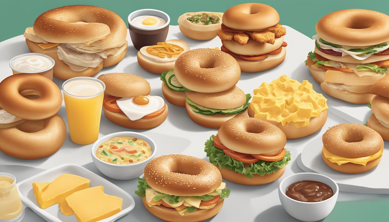 A colorful array of 11 different chicken, egg, and cheese bagels arranged on a table, showcasing the diverse breakfast menu options at Chick-fil-A