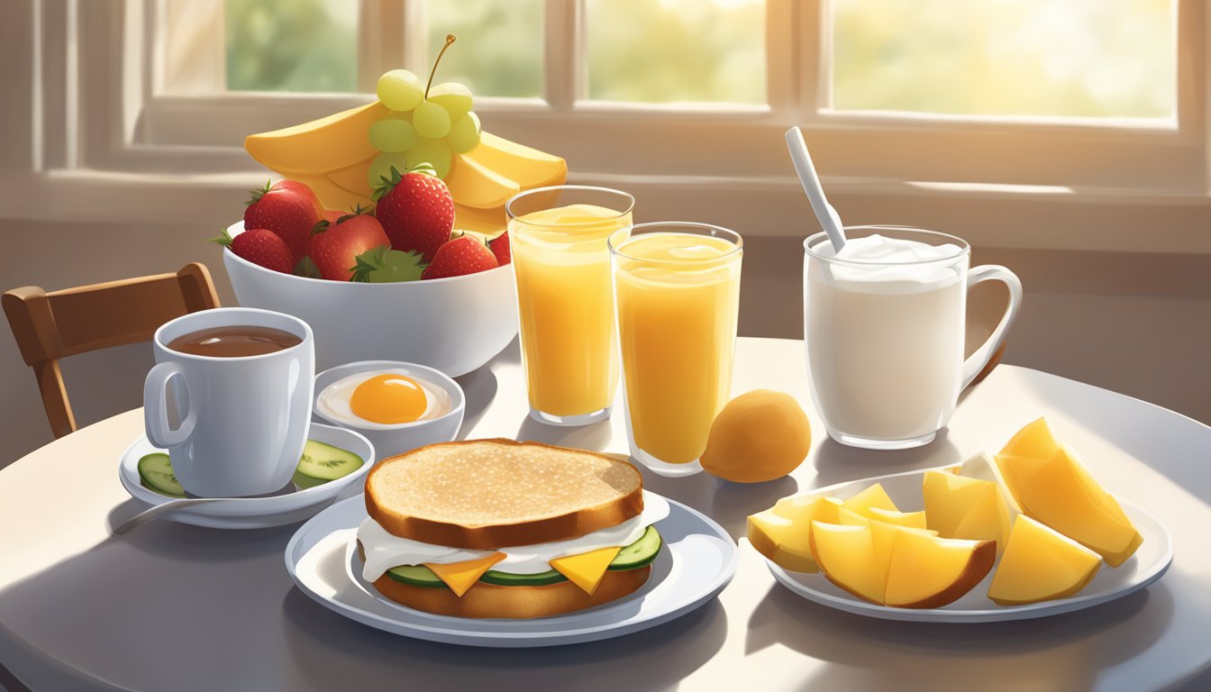 A vibrant breakfast spread with a variety of fresh fruits, yogurt, and a warm Chick-fil-A breakfast sandwich on a plate. Sunlight streaming through a window onto the table