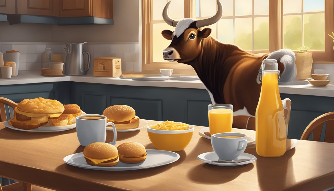 A Taurus enjoys a sausage egg & cheese muffin from Chick-fil-A, with a warm and inviting breakfast scene featuring a cozy kitchen table and a steaming hot muffin on a plate