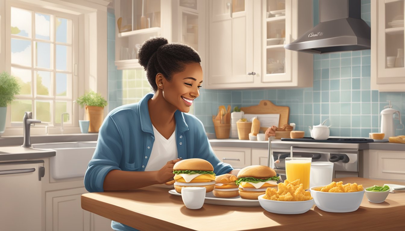 A Cancer enjoying a Chick-fil-A Egg White Grill breakfast sandwich in a cozy, homey kitchen with a nurturing and comforting atmosphere