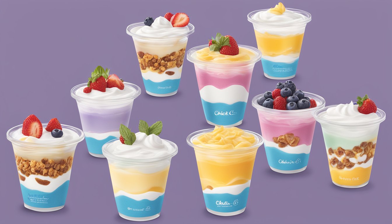 A colorful array of Greek yogurt parfaits arranged in a variety of ways on a breakfast menu display at Chick-fil-A