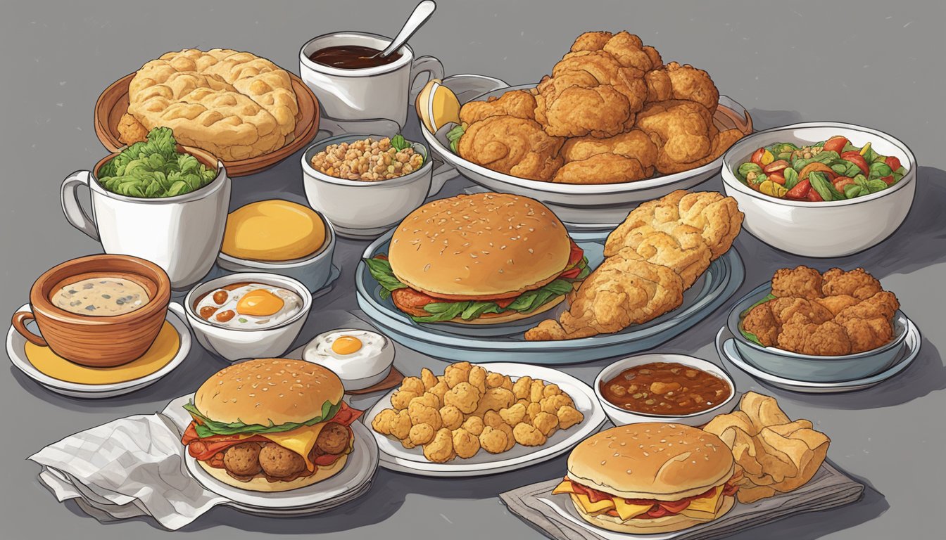 A steaming spicy chicken biscuit surrounded by 14 different breakfast orders, each representing a zodiac sign