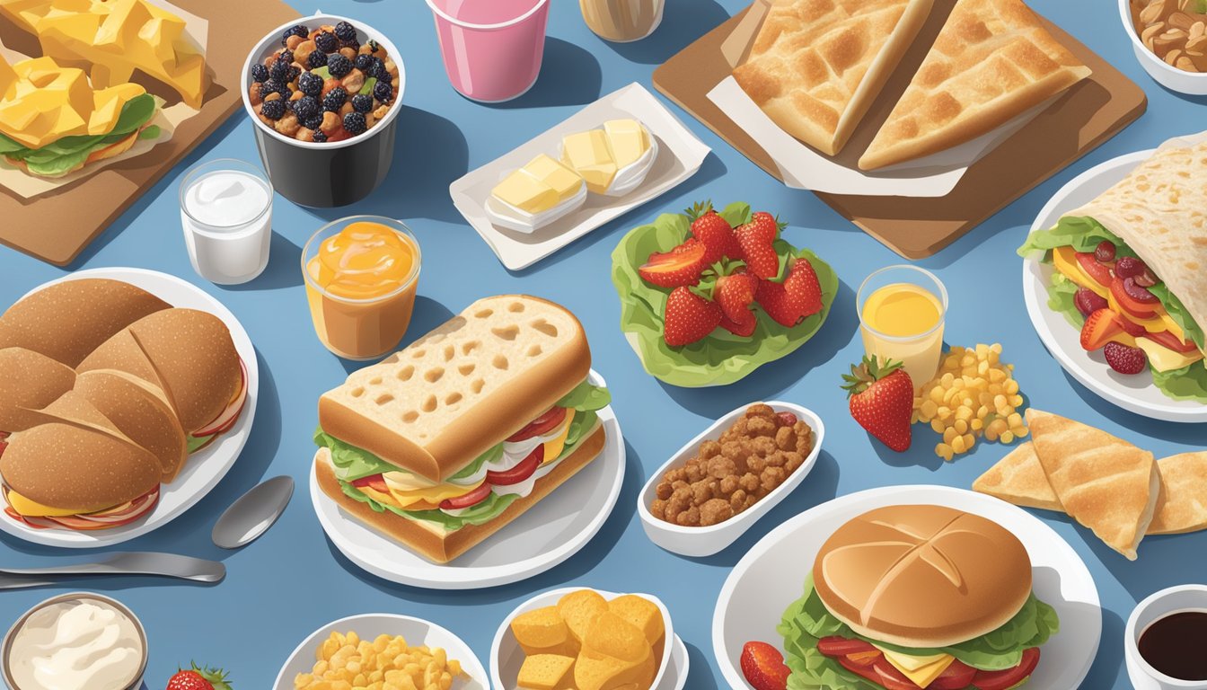 A colorful array of breakfast items spread out on a table, including a variety of sandwiches, wraps, and fruit options, showcasing the diverse menu at Chick-fil-A