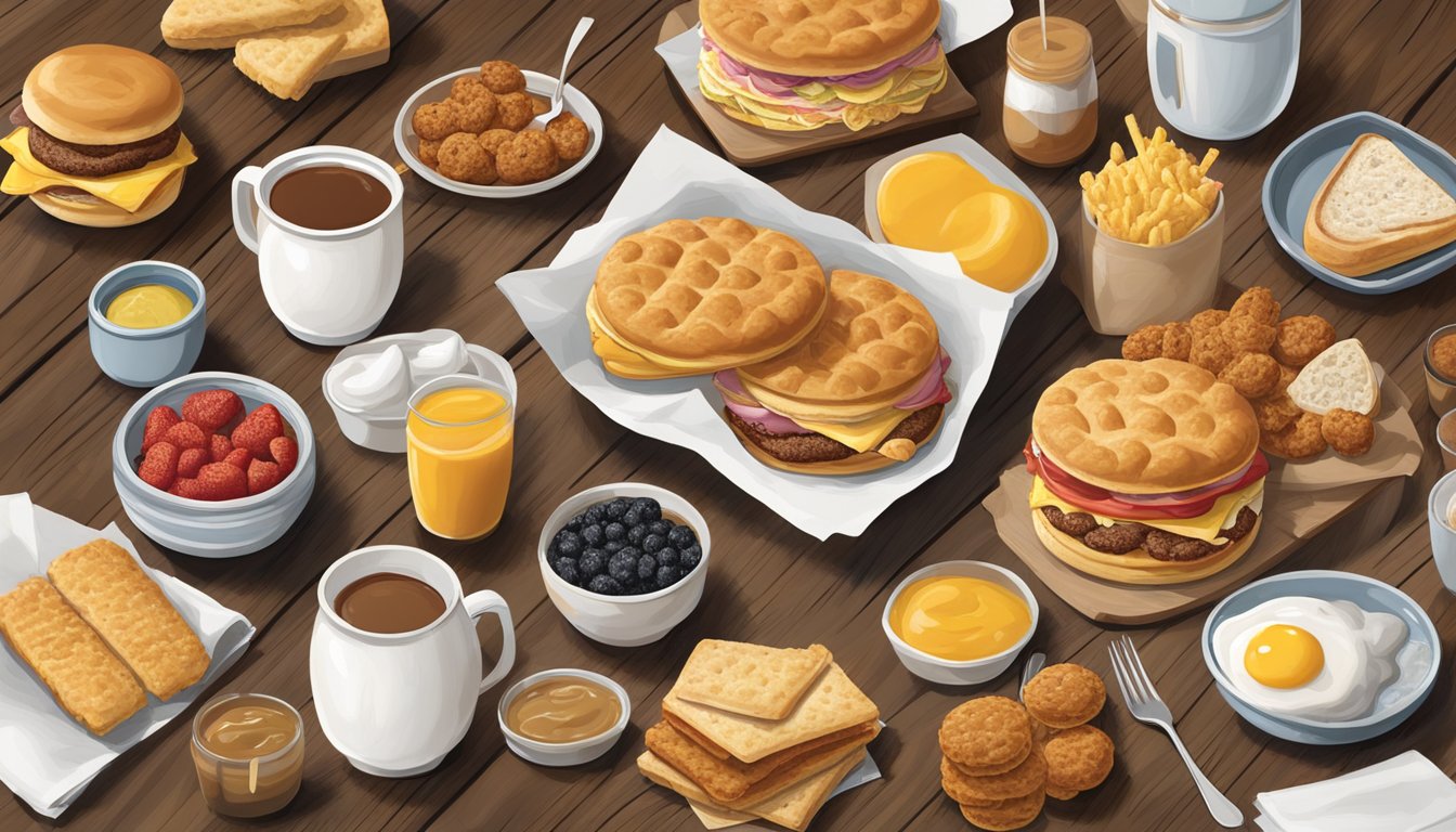 A colorful array of breakfast items from Chick-fil-A, including biscuits, sandwiches, and wraps, arranged on a rustic wooden table with fresh ingredients and condiments