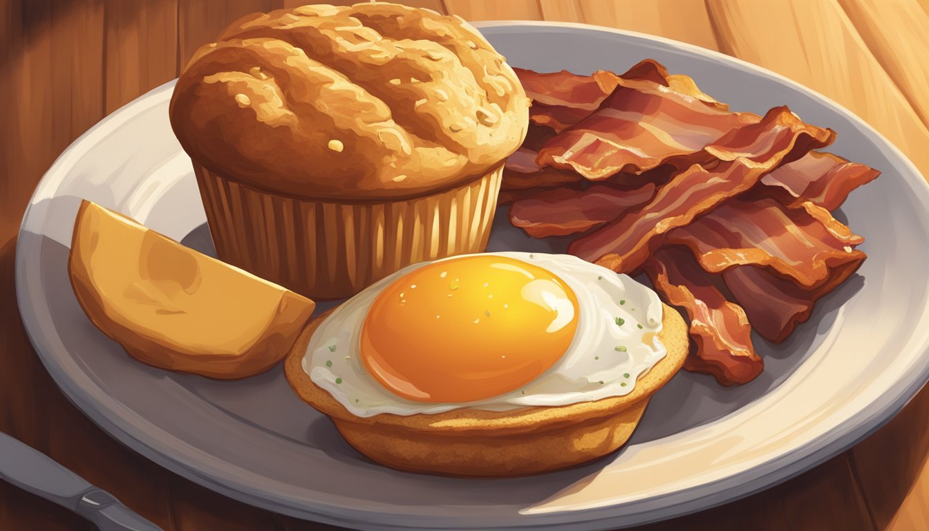 A sizzling bacon, egg, and cheese muffin sits on a plate, surrounded by a warm and inviting atmosphere. A golden glow illuminates the scene, evoking a sense of comfort and satisfaction