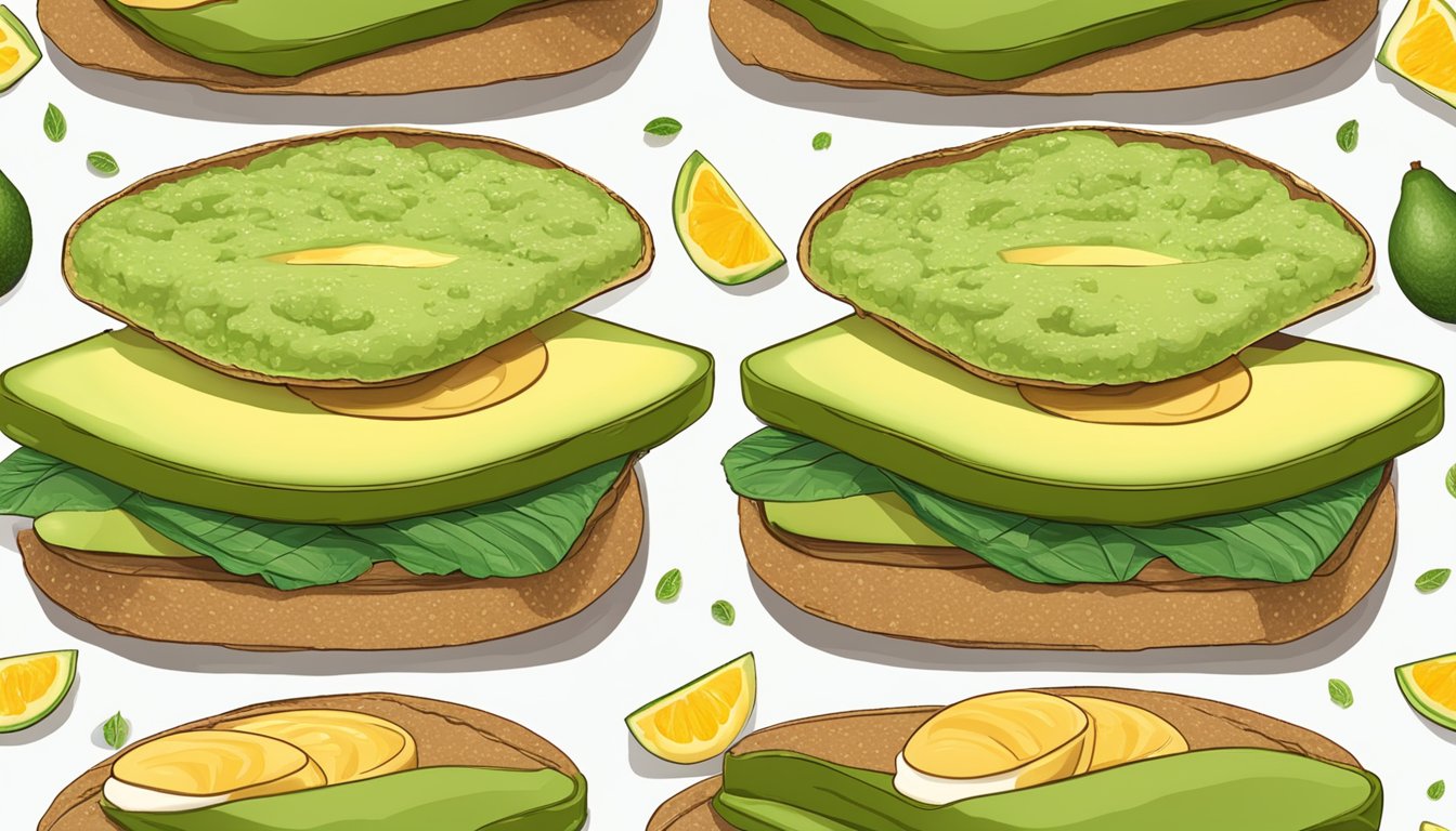 Avocado slices arranged on a breakfast sandwich, surrounded by various customization options