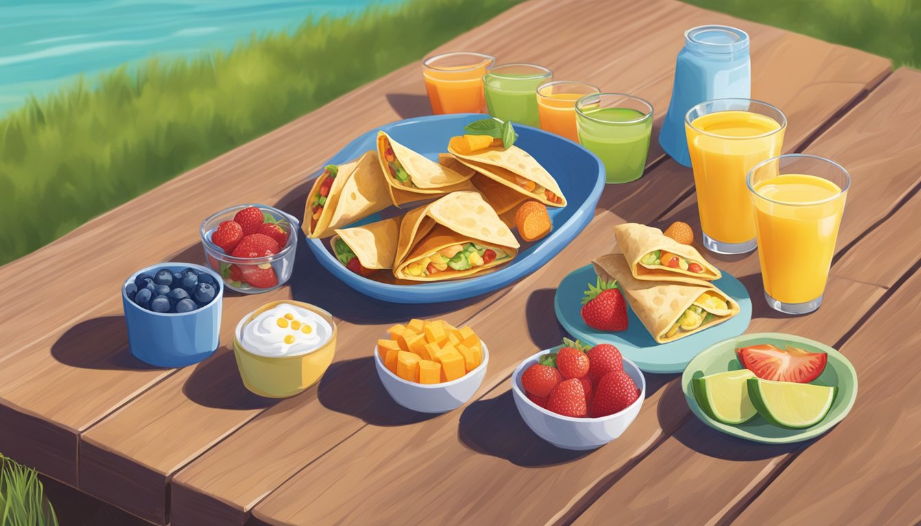 A colorful spread of mini breakfast burritos, fruit, and juice boxes on a sunny, outdoor picnic table