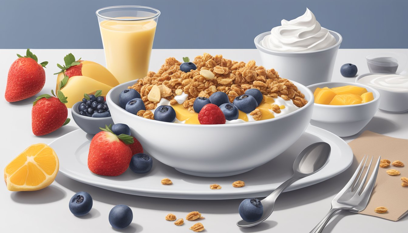 A table set with a Greek yogurt parfait, granola, and fresh fruit, with a Chick-fil-A breakfast bag nearby