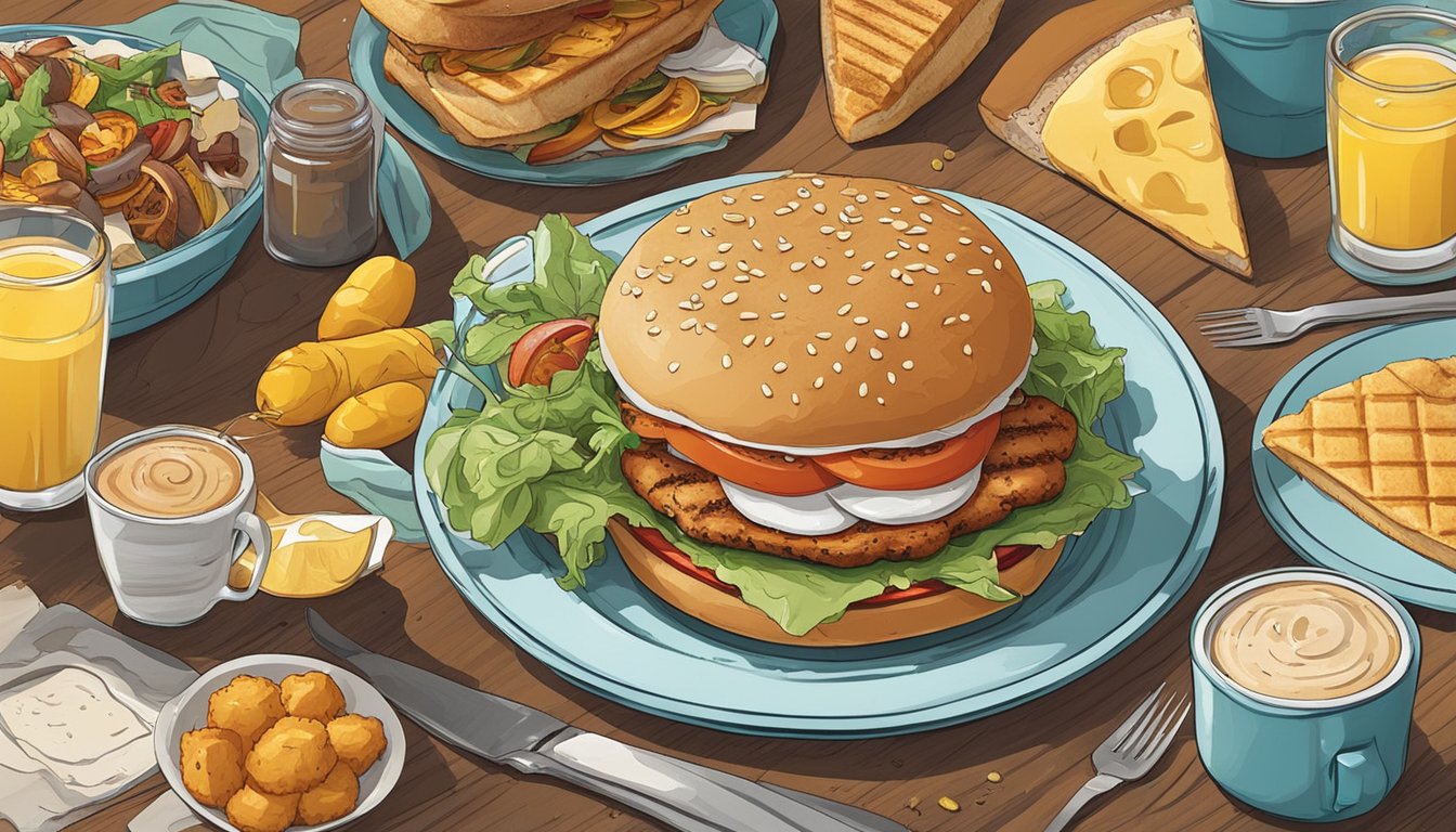 A grilled chicken sandwich surrounded by various breakfast items, representing the Aquarius zodiac sign