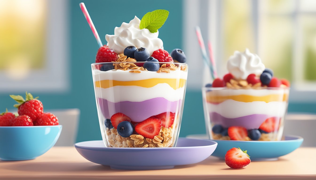 A colorful parfait with layers of Greek yogurt, granola, and fresh berries sits on a bright, cheerful breakfast table