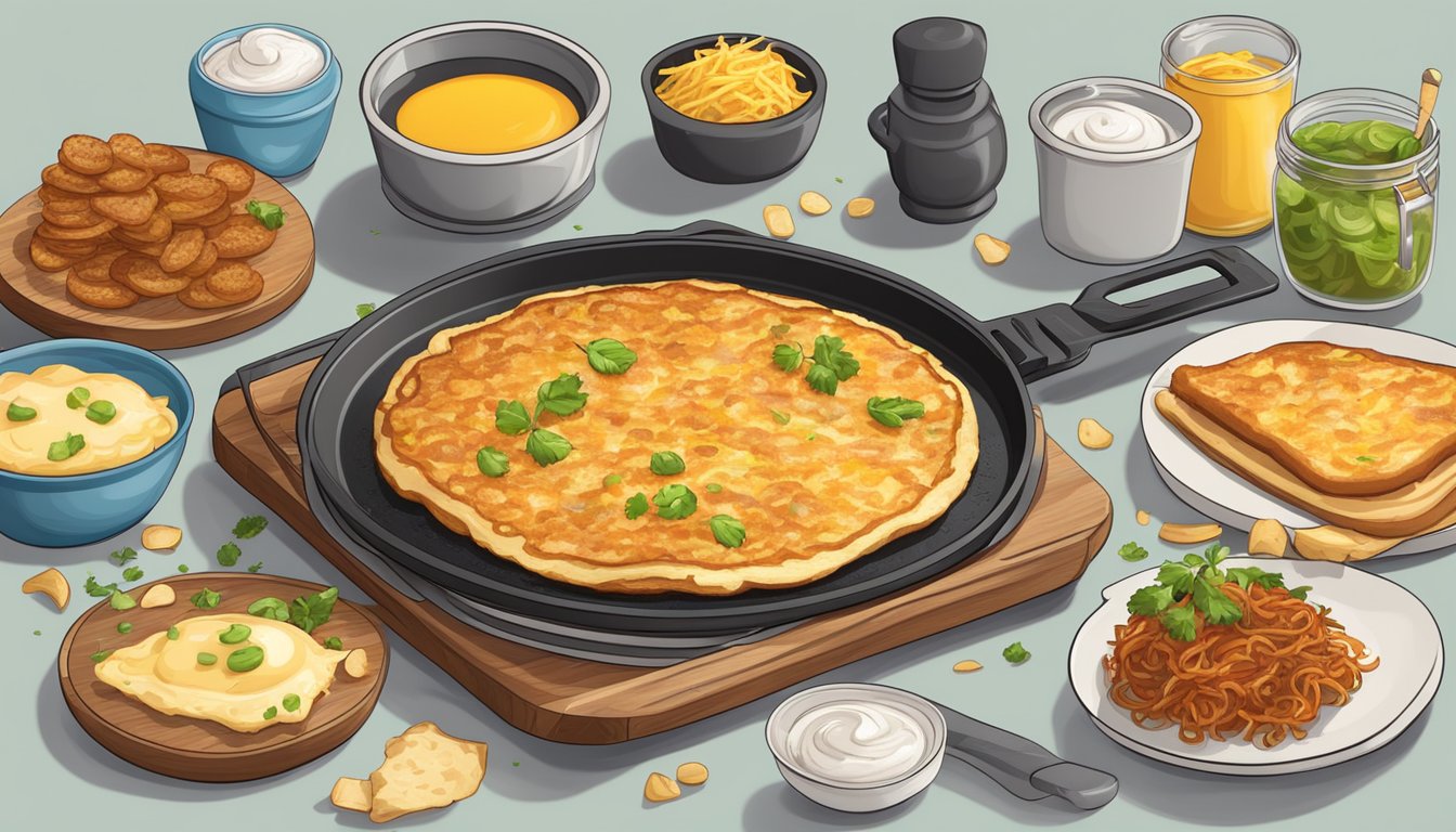 A sizzling hot griddle with hash browns cooking, surrounded by various toppings and ingredients for customization