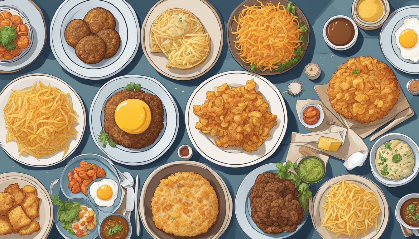 A table with 14 plates of hash browns, each with a different arrangement of breakfast items representing the zodiac signs