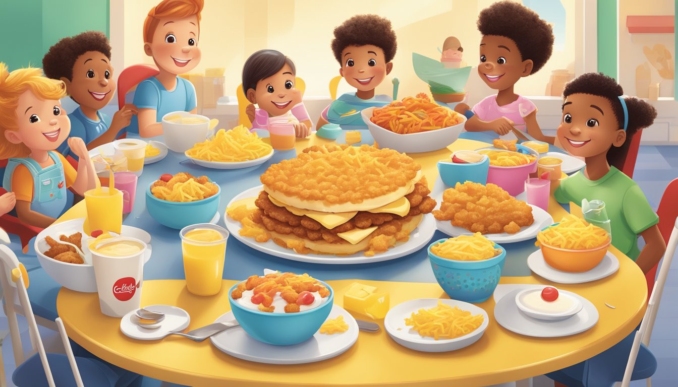 A cheerful breakfast scene with a plate of golden hash browns and a colorful Chick-fil-A breakfast menu, surrounded by playful kids' toys and smiling faces