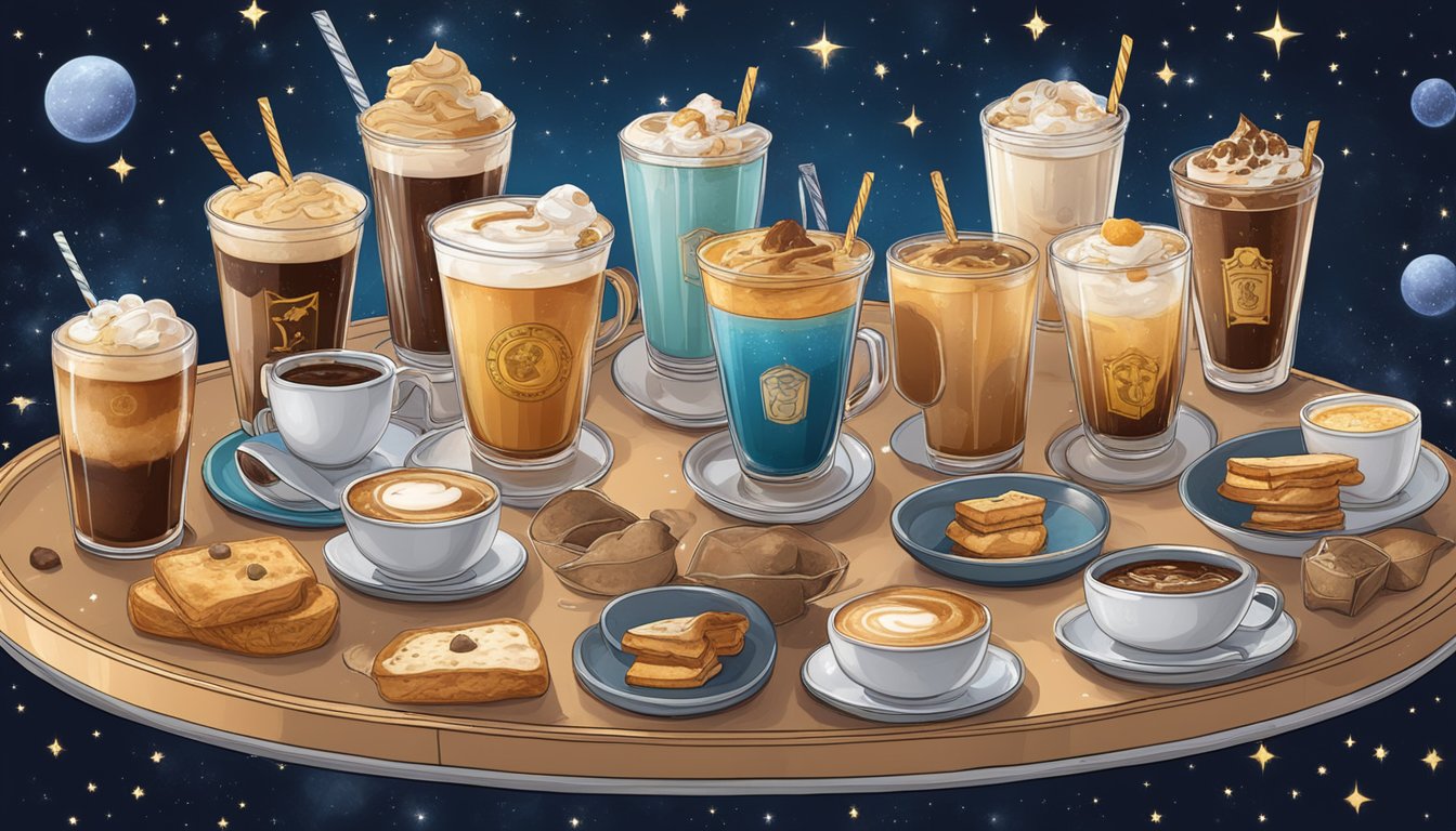 A table with 14 iced coffees and breakfast orders, each representing a zodiac sign, surrounded by a celestial theme with stars and constellations