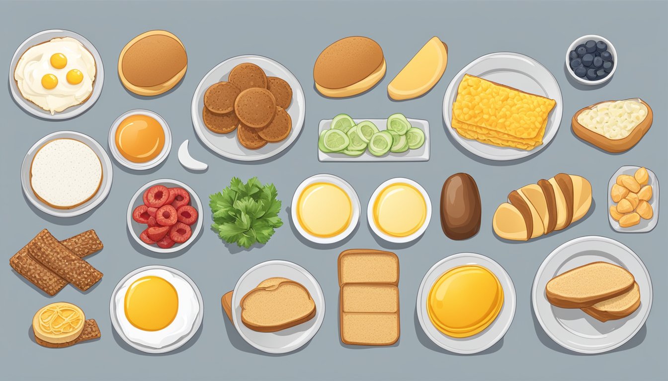 A variety of breakfast sandwich ingredients and toppings displayed on a counter, with options for customization