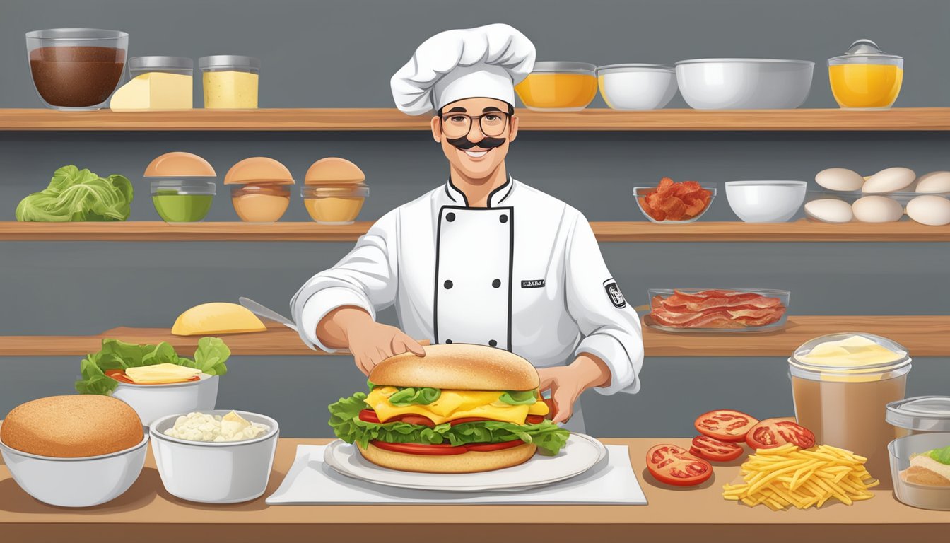 A chef preparing a variety of ingredients to customize a Wendy's breakfast sandwich, including eggs, bacon, cheese, and vegetables