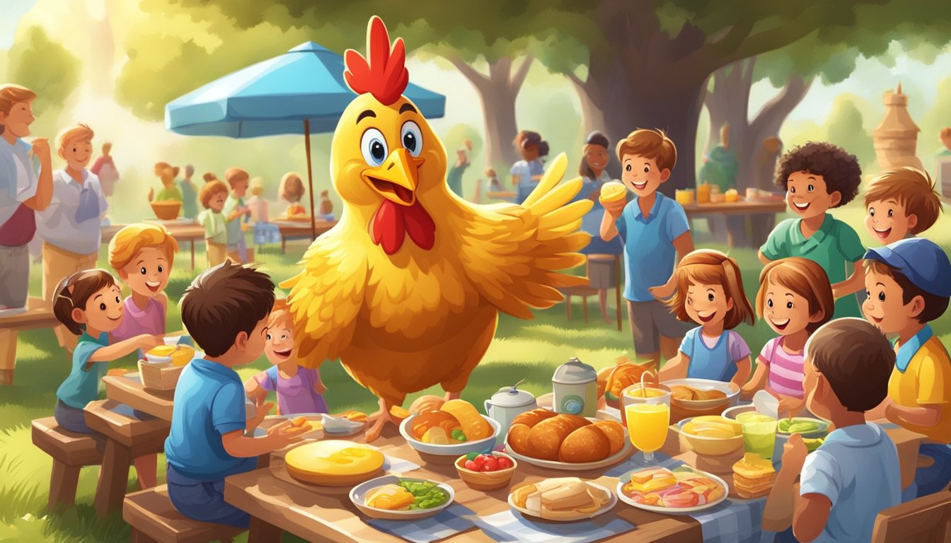 A cheerful chicken mascot serves a colorful breakfast spread to a group of happy children at a sunny outdoor picnic