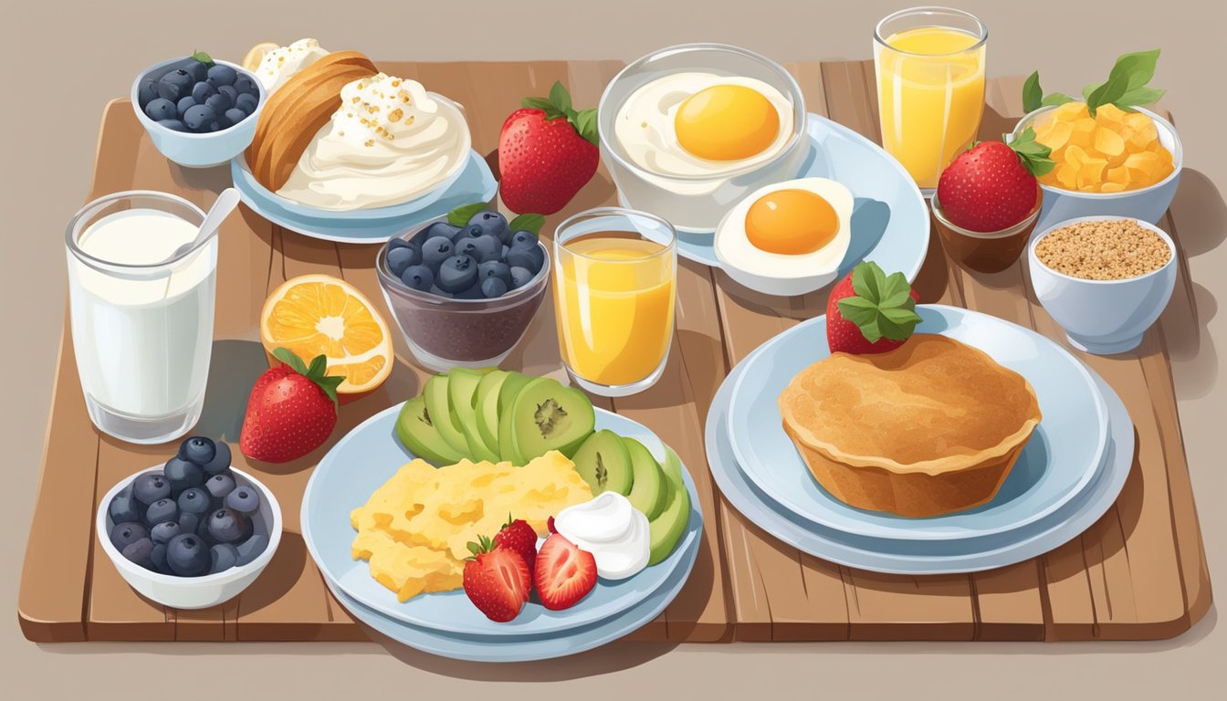 A colorful and inviting breakfast spread featuring a variety of wholesome and delicious options such as fresh fruit, whole grain muffins, yogurt parfait, and eggs