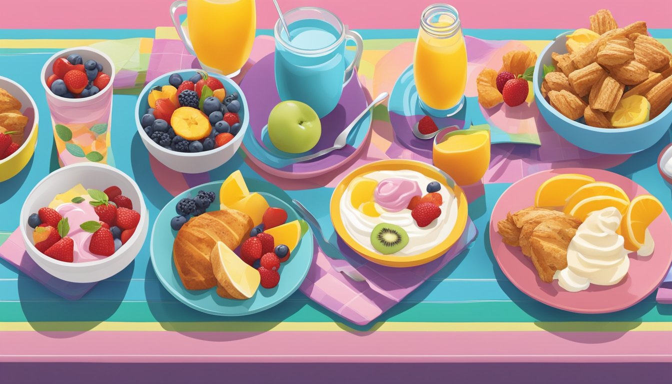 A colorful breakfast spread with a variety of kid-friendly items like chicken minis, fruit, and yogurt parfait, all displayed on a vibrant table setting