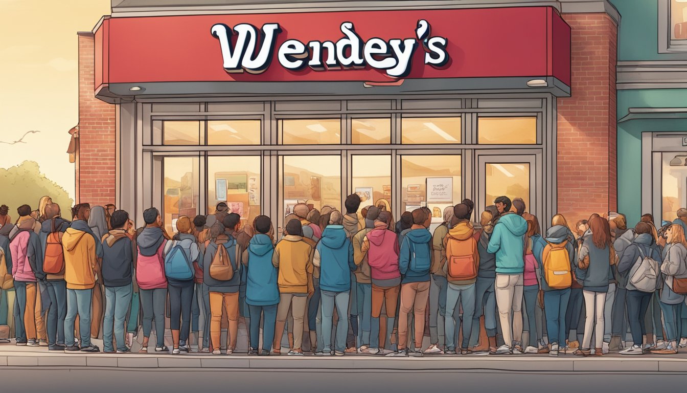 A group of excited fans gather outside a Wendy's restaurant, eagerly waiting for the new breakfast menu endorsed by Joe Jonas