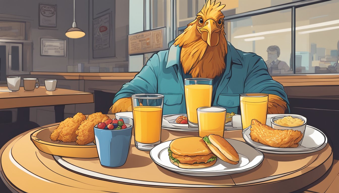 A breakfast tray with a chicken biscuit, fruit cup, and orange juice sits on a table, while a customer looks disappointed at not having hash browns