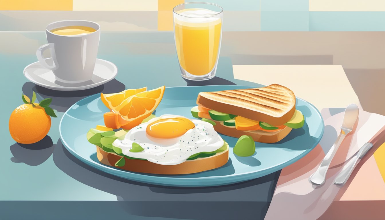 A colorful breakfast spread with an Egg White Grill sandwich, fruit, and yogurt on a clean, modern table