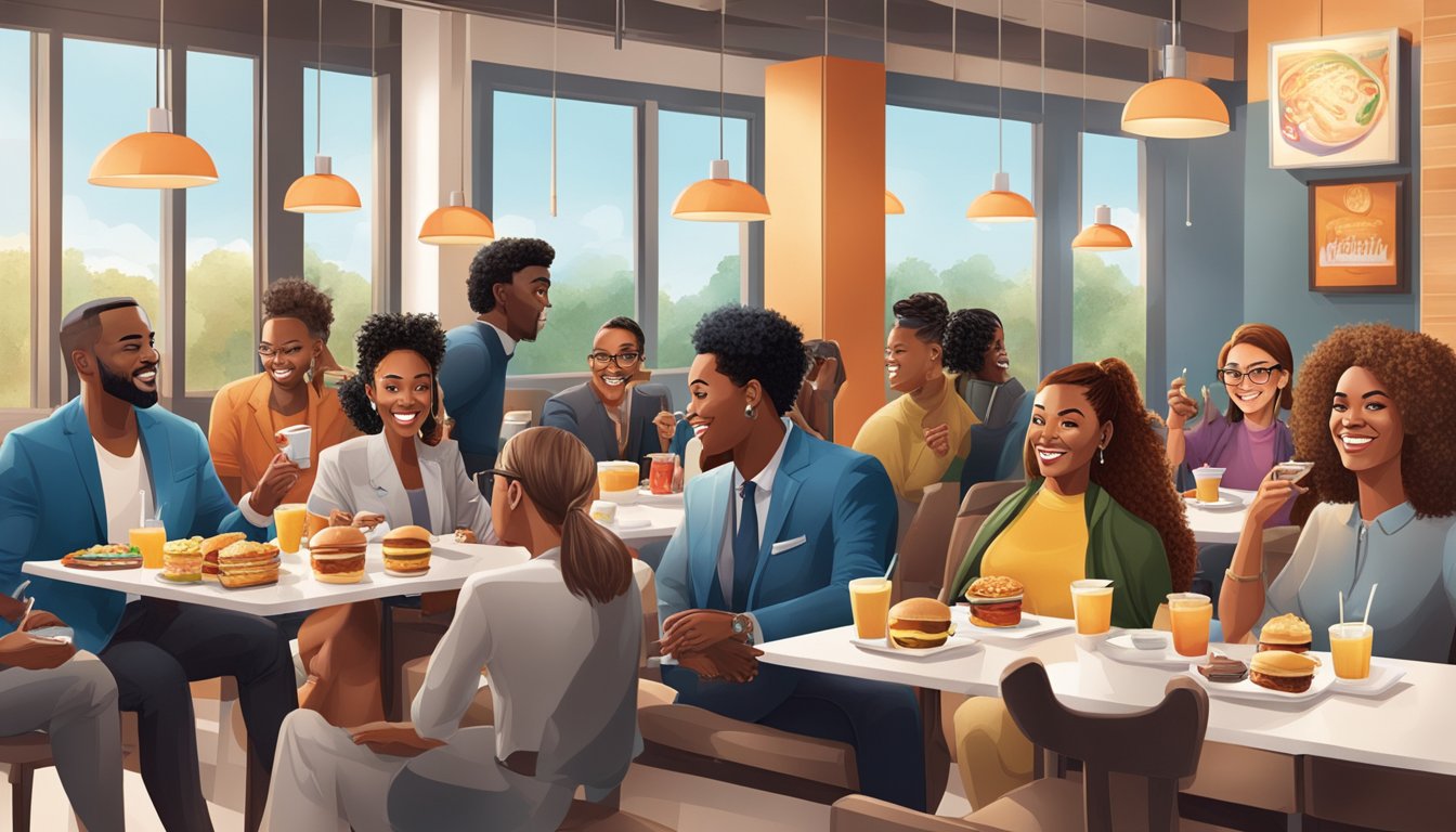 A group of 15 diverse and recognizable celebrities enjoying a variety of Wendy's breakfast items in a stylish and modern restaurant setting