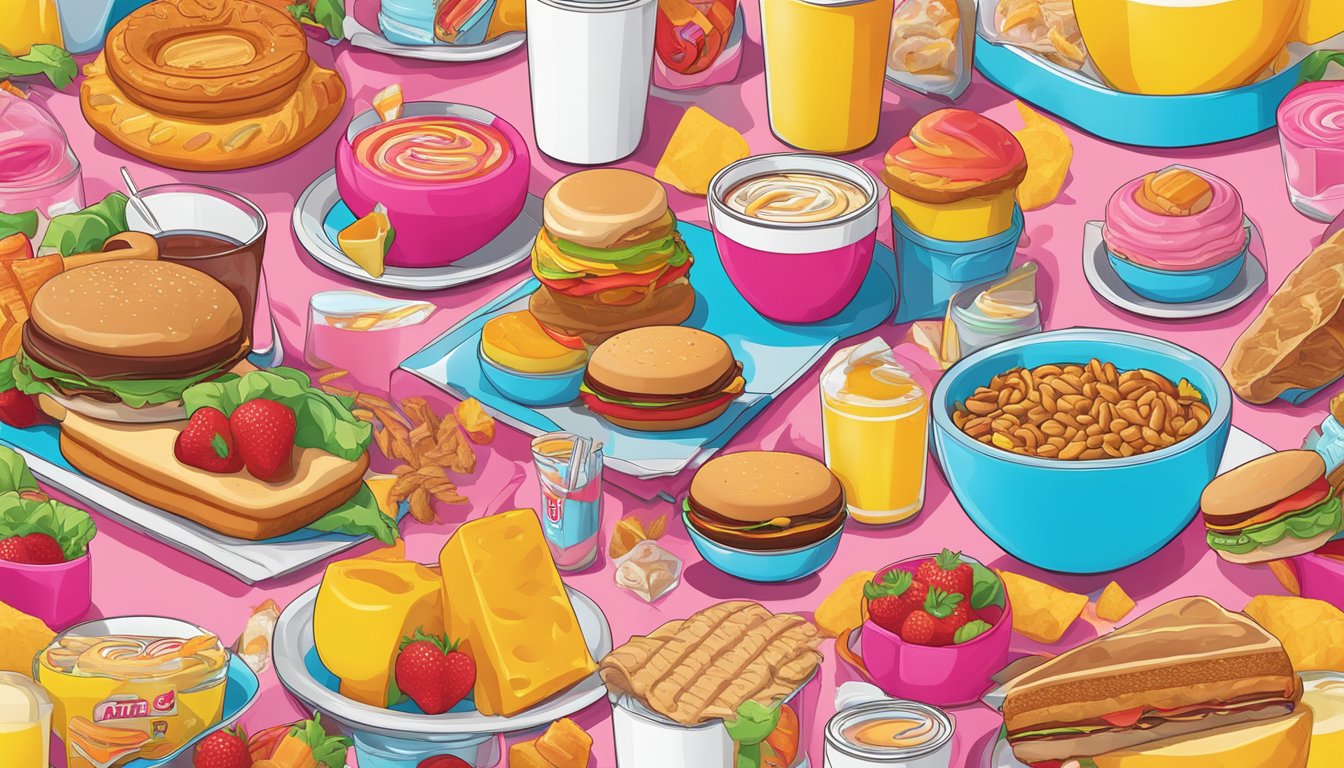 A group of 15 iconic symbols representing Nicki Minaj and Wendy's breakfast items in a colorful and energetic composition