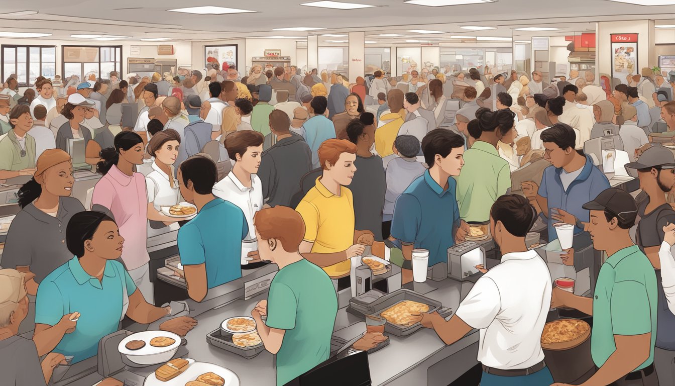 A crowded Chick-fil-A breakfast rush with customers making common ordering mistakes