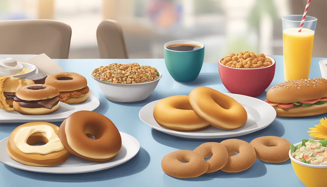 A colorful array of sunflower multigrain bagels and six Chick-fil-A breakfast items arranged on a table, with a focus on the low-calorie options