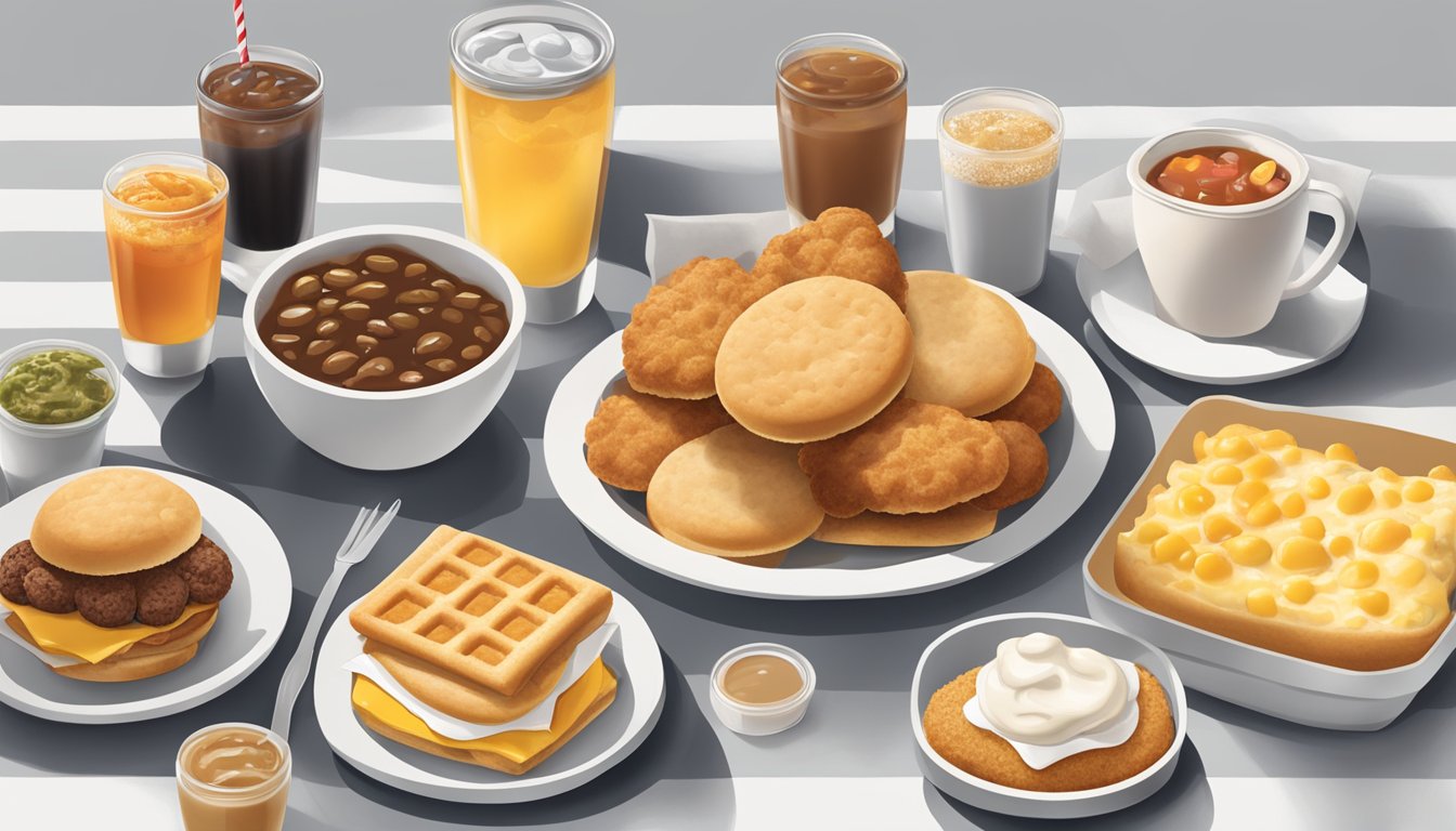 A table with a tray of Chick-fil-A breakfast items, including a biscuit and sausage, surrounded by various condiments and a drink