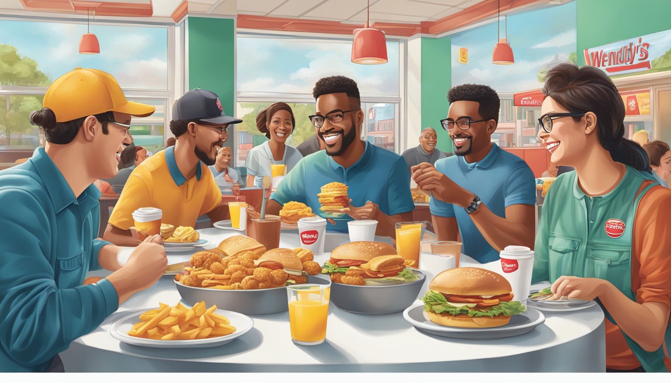 A group of people enjoying Wendy's breakfast items, with the iconic logo and recognizable menu items in the background