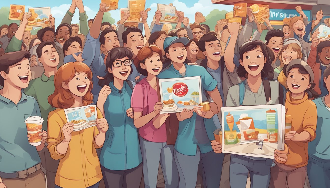 A crowd of excited fans outside a Wendy's restaurant, holding signs and cheering as they wait for a chance to try the new breakfast menu