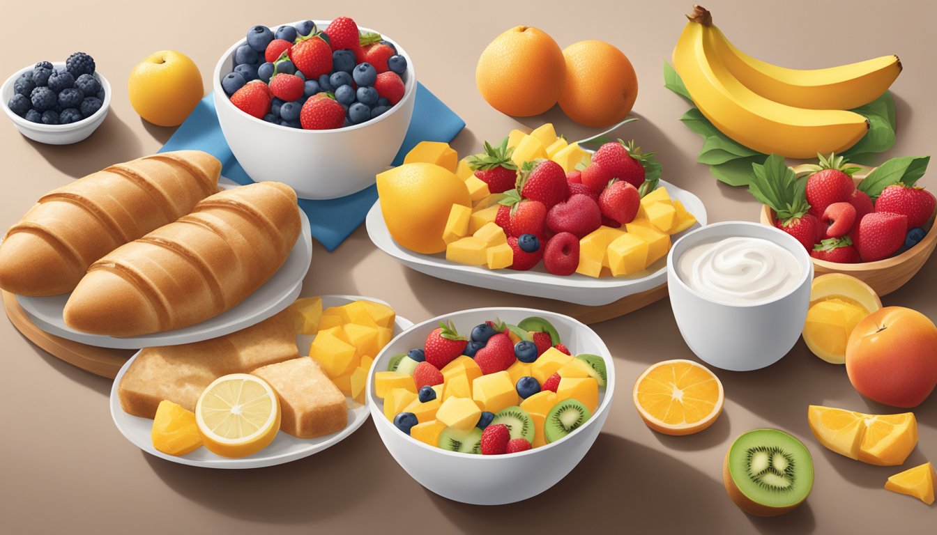 A colorful array of fresh fruit and breakfast items from Chick-fil-A arranged neatly on a table