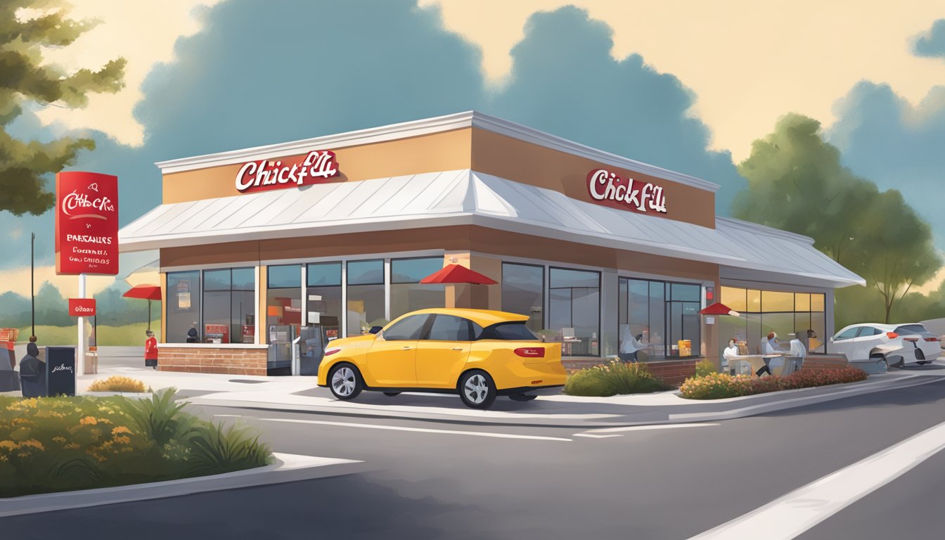 A sunny morning at a Chick-fil-A drive-thru, with a car pulling up to the ordering speaker and a menu board displaying breakfast items