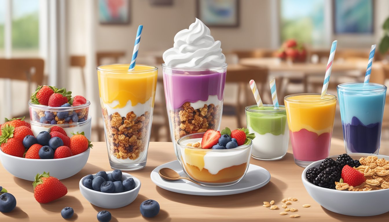 A colorful parfait glass filled with layers of Greek yogurt, granola, and fresh berries, surrounded by a selection of Chick-fil-A breakfast items