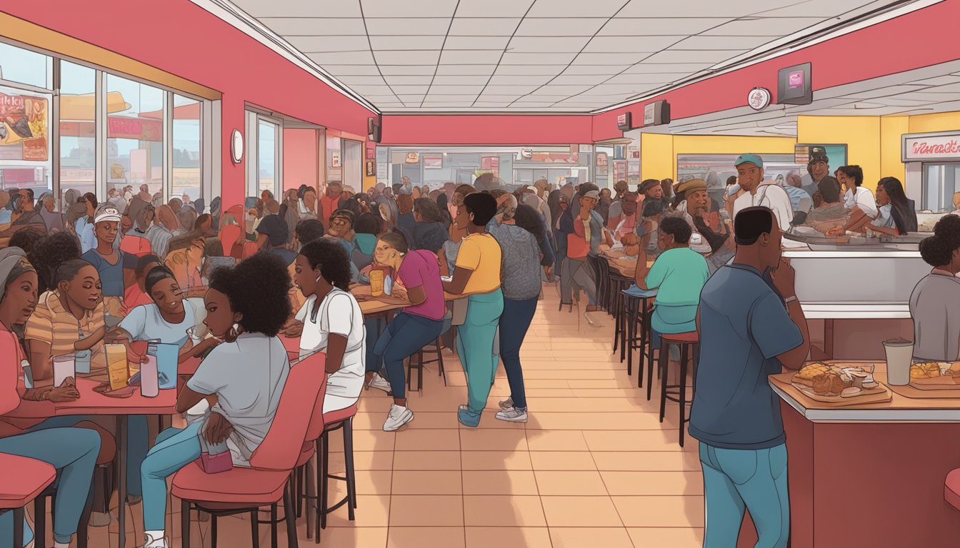 A bustling Wendy's restaurant with a line of diverse celebrity fans eagerly waiting for the new breakfast menu, while Cardi B's music plays in the background