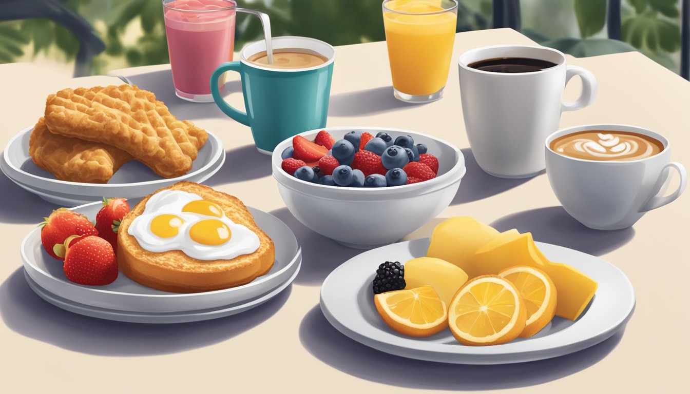 A colorful array of Chick-fil-A breakfast items arranged on a table, with fresh fruit and a steaming cup of coffee in the background