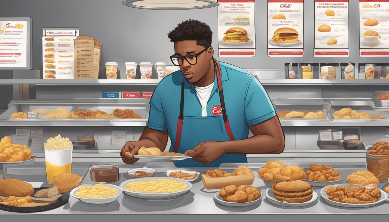 A customer at a Chick-fil-A counter, surrounded by various breakfast menu items, looks confused while trying to make customization choices