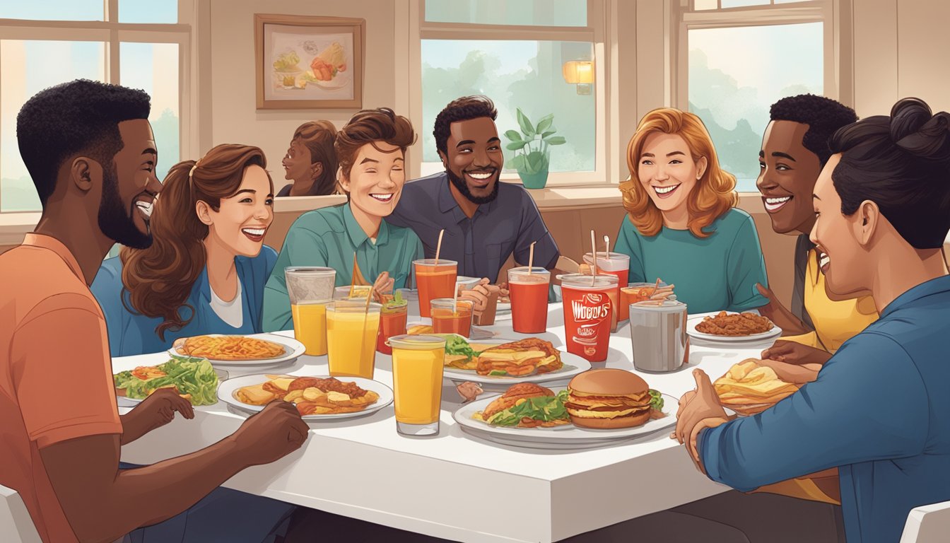 A group of 15 celebrities gather around a table filled with Wendy's breakfast items, smiling and chatting as they enjoy their meals