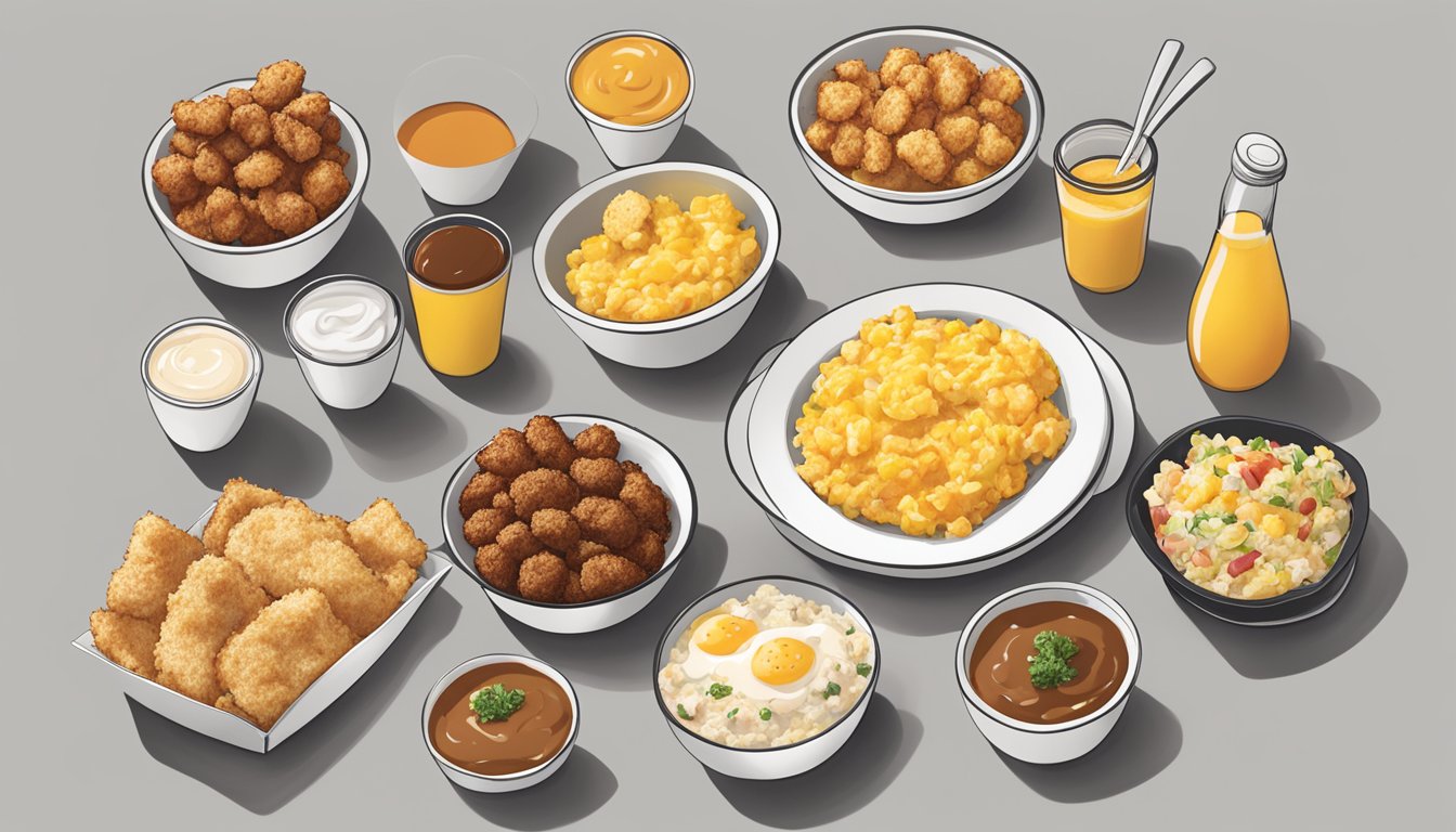 A colorful breakfast spread with a hash brown scramble bowl and various Chick-fil-A breakfast items paired with their signature sauces